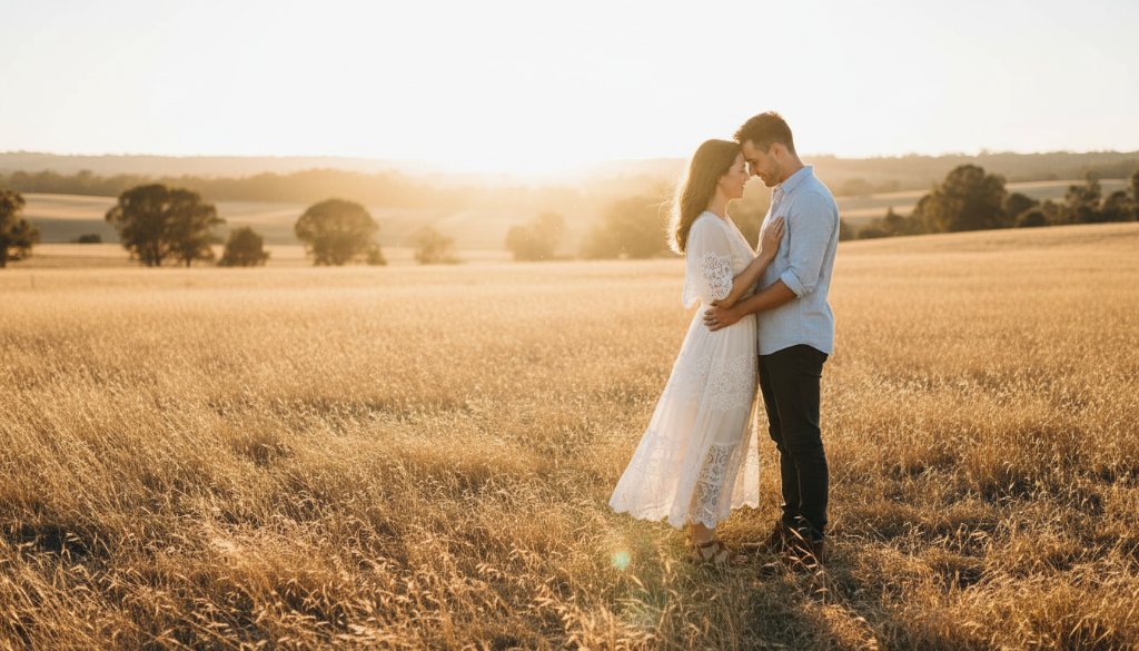 A couple embraces tenderly at sunset amidst golden fields and rustic fences in Derrimut, Victoria, beautifully capturing the essence of Derrimut Victoria Rustic Pre-Wedding Photography with dramatic, cinematic lighting.