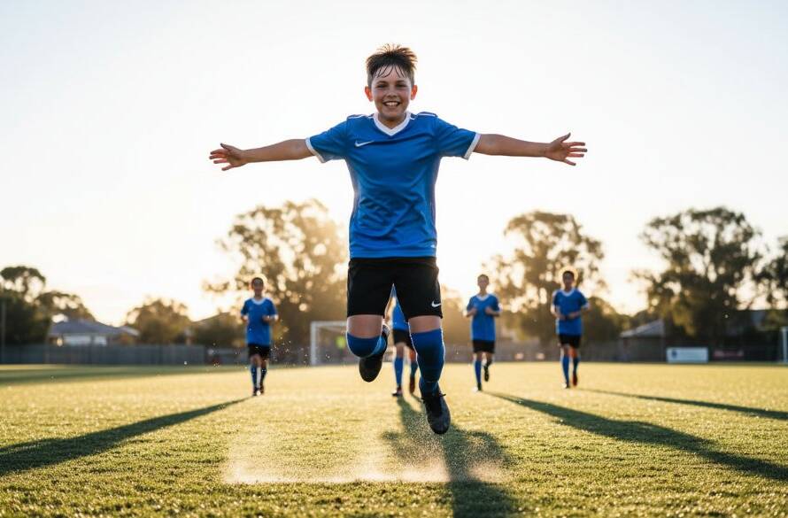 Dynamic wide shot capturing an epic winning goal in a soccer match at a local Derrimut sports oval, showcasing intense action for Derrimut youth sports photography Victoria with dramatic golden hour lighting.