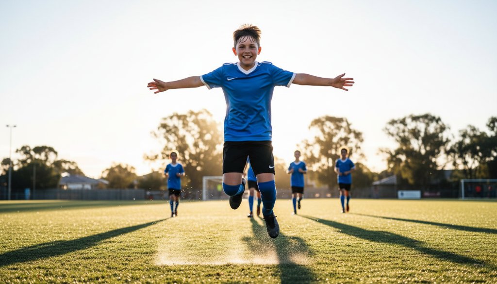 Dynamic wide shot capturing an epic winning goal in a soccer match at a local Derrimut sports oval, showcasing intense action for Derrimut youth sports photography Victoria with dramatic golden hour lighting.