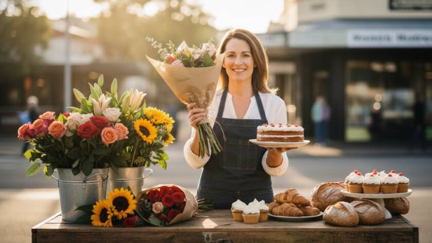 Dynamic 'epic moment' shot of a local Dingley Village cafe owner proudly presenting a freshly brewed coffee, captured with dramatic lighting to showcase the Dingley Village advertising photography impact for local businesses.