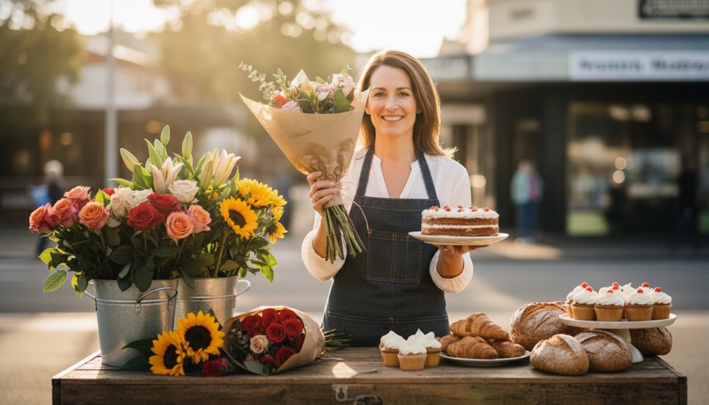 Dynamic 'epic moment' shot of a local Dingley Village cafe owner proudly presenting a freshly brewed coffee, captured with dramatic lighting to showcase the Dingley Village advertising photography impact for local businesses.