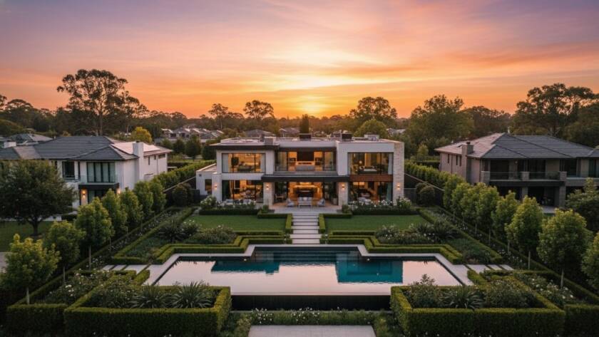 A breathtaking high-angle drone shot capturing a modern luxury home in Dingley Village at dusk, with golden hour light reflecting off a sparkling pool and manicured gardens, showcasing the unique layout and surrounding natural beauty, highlighting the excellence of Dingley Village aerial property photography Victoria.