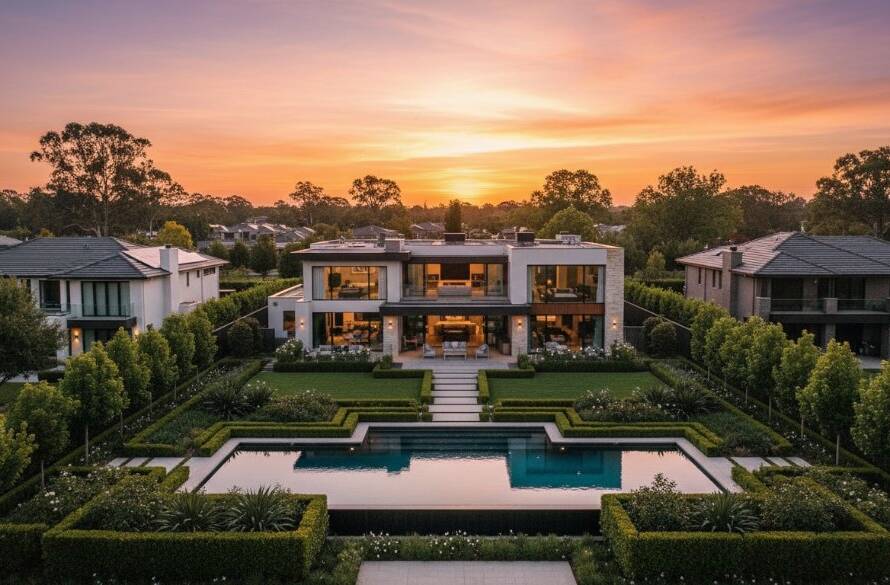 A breathtaking high-angle drone shot capturing a modern luxury home in Dingley Village at dusk, with golden hour light reflecting off a sparkling pool and manicured gardens, showcasing the unique layout and surrounding natural beauty, highlighting the excellence of Dingley Village aerial property photography Victoria.