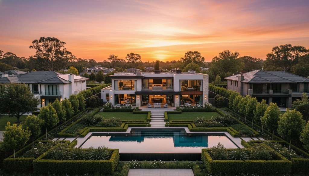 A breathtaking high-angle drone shot capturing a modern luxury home in Dingley Village at dusk, with golden hour light reflecting off a sparkling pool and manicured gardens, showcasing the unique layout and surrounding natural beauty, highlighting the excellence of Dingley Village aerial property photography Victoria.