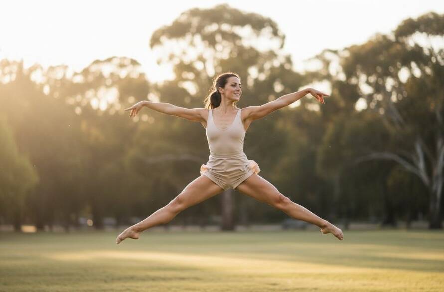 Epic moment in Dingley Village bespoke dance photography: A contemporary dancer performs a powerful, graceful mid-air leap, silhouetted by dramatic golden hour light against a blurred park, capturing pure artistic expression.
