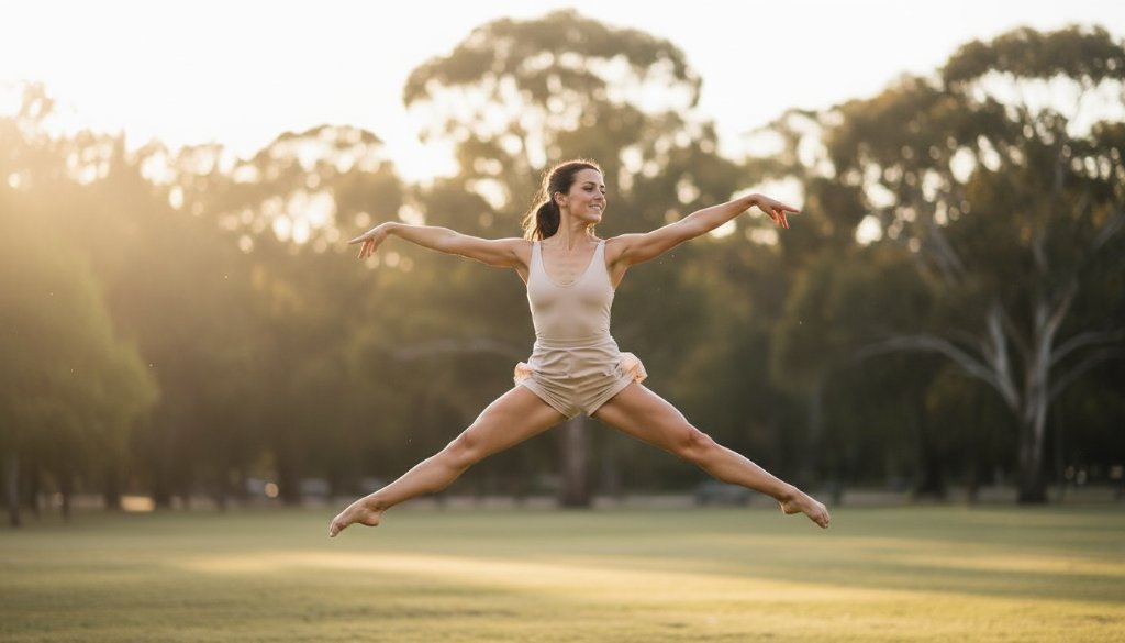 Epic moment in Dingley Village bespoke dance photography: A contemporary dancer performs a powerful, graceful mid-air leap, silhouetted by dramatic golden hour light against a blurred park, capturing pure artistic expression.