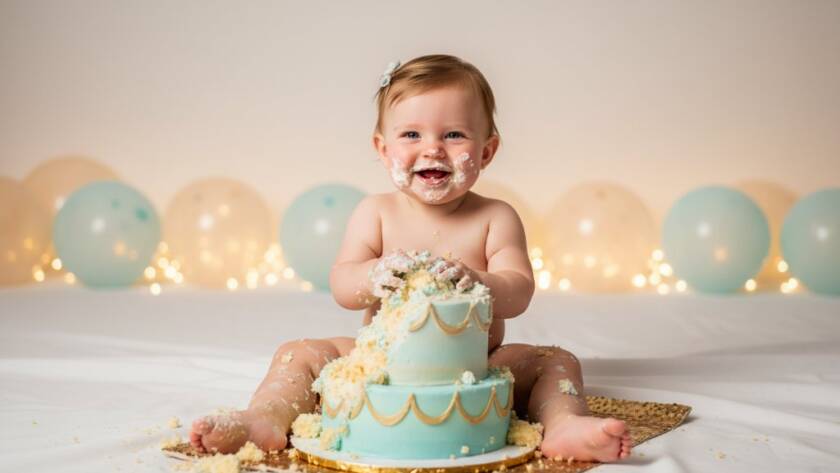 An adorable baby, covered in cake frosting, laughing joyously amidst a pastel-themed set in Dingley Village, captured by Dingley Village's best cake smash photographer for first birthdays, showcasing an epic moment of pure delight.