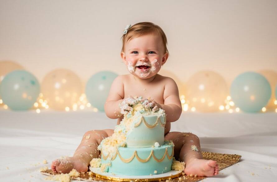An adorable baby, covered in cake frosting, laughing joyously amidst a pastel-themed set in Dingley Village, captured by Dingley Village's best cake smash photographer for first birthdays, showcasing an epic moment of pure delight.