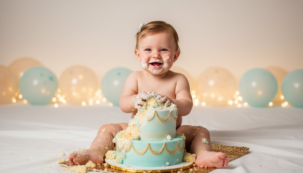 An adorable baby, covered in cake frosting, laughing joyously amidst a pastel-themed set in Dingley Village, captured by Dingley Village's best cake smash photographer for first birthdays, showcasing an epic moment of pure delight.