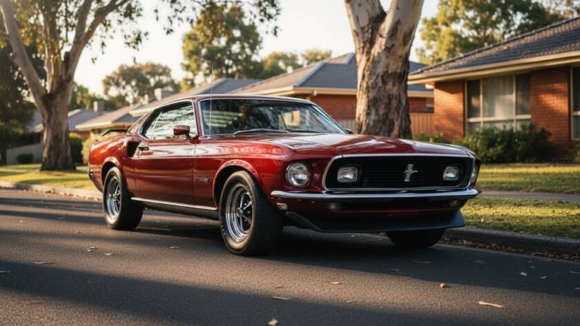 An epic, low-angle, professional photograph showcasing a meticulously restored vintage muscle car, gleaming under dramatic sunset lighting on a quiet, tree-lined street in Dingley Village, Victoria, epitomising superb Dingley Village Classic Car Photography.