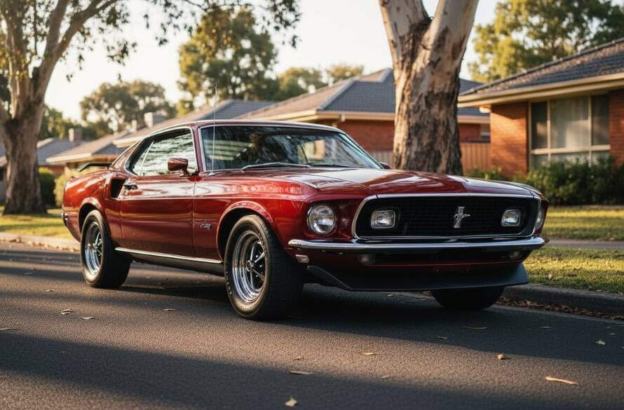 An epic, low-angle, professional photograph showcasing a meticulously restored vintage muscle car, gleaming under dramatic sunset lighting on a quiet, tree-lined street in Dingley Village, Victoria, epitomising superb Dingley Village Classic Car Photography.