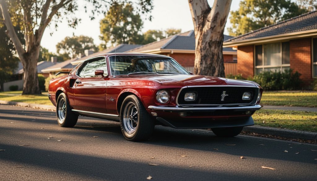 An epic, low-angle, professional photograph showcasing a meticulously restored vintage muscle car, gleaming under dramatic sunset lighting on a quiet, tree-lined street in Dingley Village, Victoria, epitomising superb Dingley Village Classic Car Photography.
