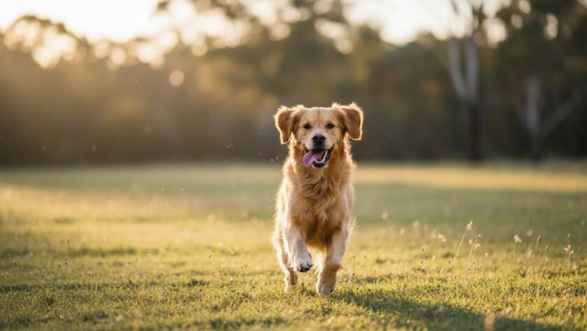 An epic moment of a golden retriever joyfully leaping through golden afternoon sunlight in a Dingley Village park, its fur illuminated, capturing the pure essence of Dingley Village dog photography capturing joyful moments.
