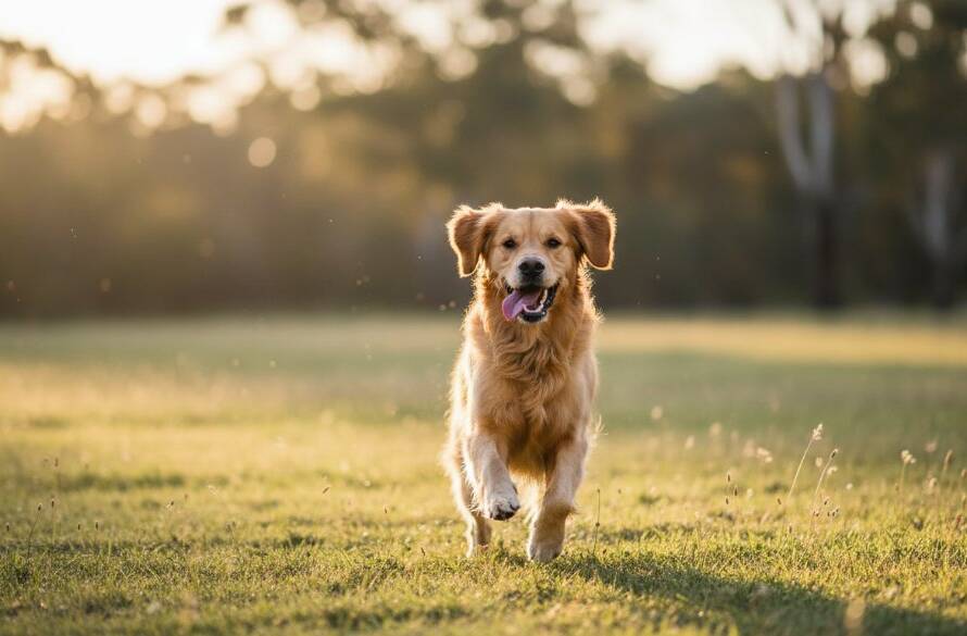 An epic moment of a golden retriever joyfully leaping through golden afternoon sunlight in a Dingley Village park, its fur illuminated, capturing the pure essence of Dingley Village dog photography capturing joyful moments.