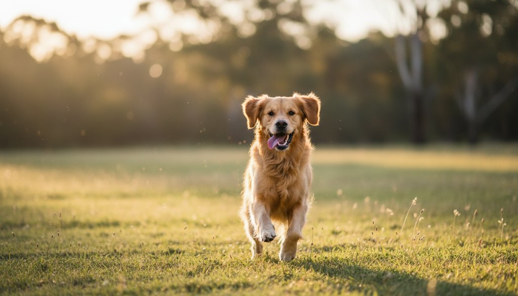 An epic moment of a golden retriever joyfully leaping through golden afternoon sunlight in a Dingley Village park, its fur illuminated, capturing the pure essence of Dingley Village dog photography capturing joyful moments.