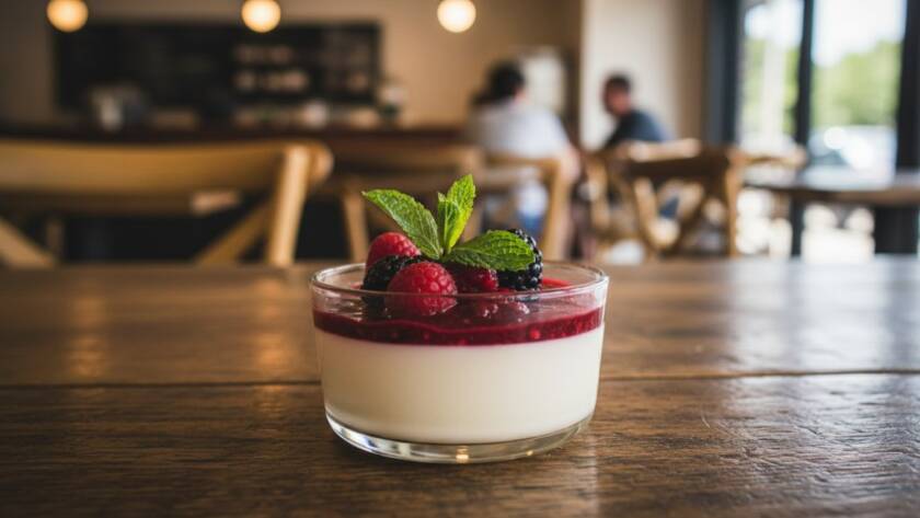 A high-angle, artfully composed photograph capturing a delicate dessert moment: a perfectly balanced panna cotta with berry coulis and fresh mint, dramatically lit in a chic Dingley Village cafe setting, epitomising professional Dingley Village gourmet food photography.