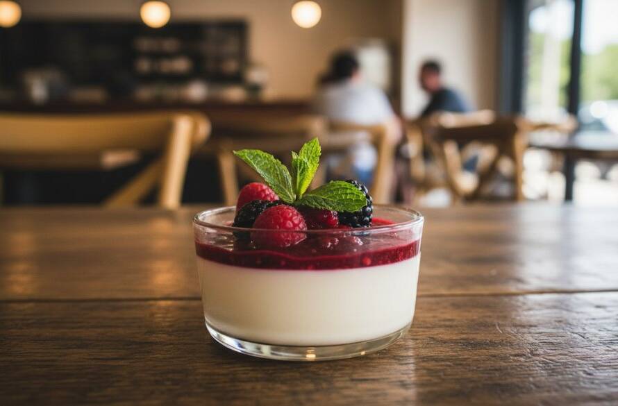 A high-angle, artfully composed photograph capturing a delicate dessert moment: a perfectly balanced panna cotta with berry coulis and fresh mint, dramatically lit in a chic Dingley Village cafe setting, epitomising professional Dingley Village gourmet food photography.