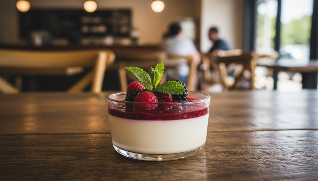 A high-angle, artfully composed photograph capturing a delicate dessert moment: a perfectly balanced panna cotta with berry coulis and fresh mint, dramatically lit in a chic Dingley Village cafe setting, epitomising professional Dingley Village gourmet food photography.