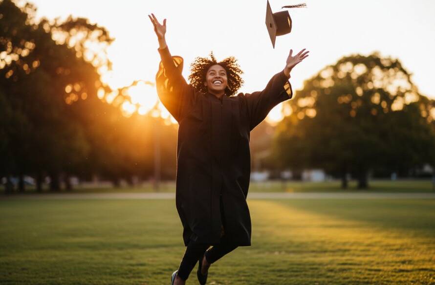Epic moment capture of a beaming graduate in academic regalia tossing their cap high in the air against a sunlit backdrop of Dingley Village, symbolizing the triumphant Dingley Village graduation photography celebration, professionally photographed with dramatic lighting.