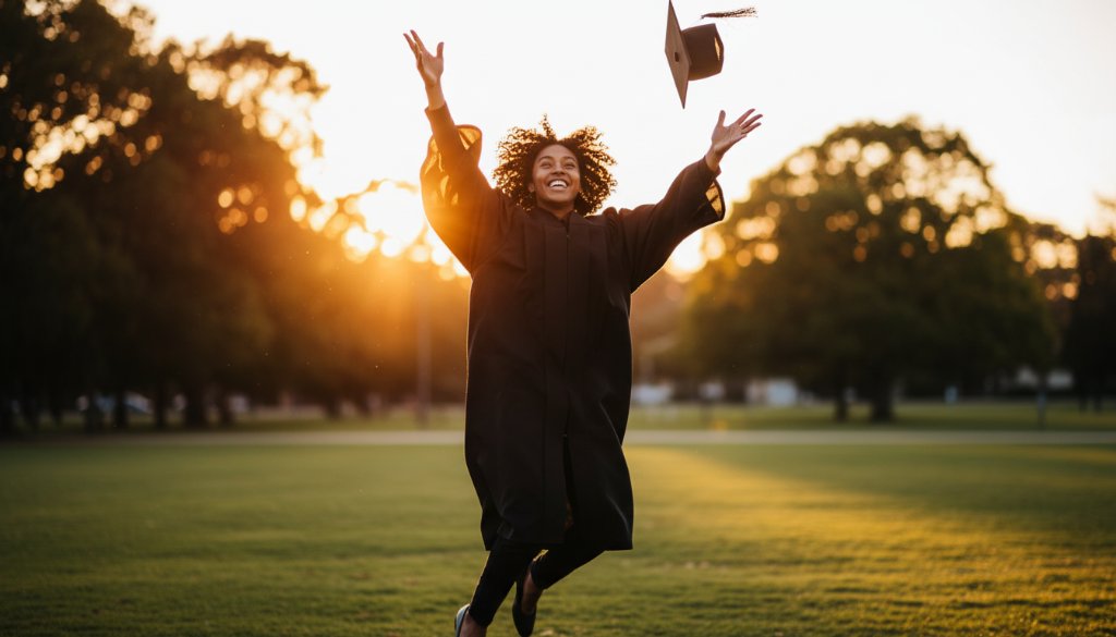 Epic moment capture of a beaming graduate in academic regalia tossing their cap high in the air against a sunlit backdrop of Dingley Village, symbolizing the triumphant Dingley Village graduation photography celebration, professionally photographed with dramatic lighting.