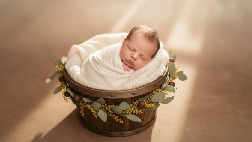 An emotionally poignant, cinematic photograph of a newborn baby swaddled gently in soft, neutral fabrics, held tenderly by parents, with a subtle golden hour glow filtering through a window, captured by Dingley Village Newborn Photography Melbourne Specialists, evoking warmth and new beginnings.