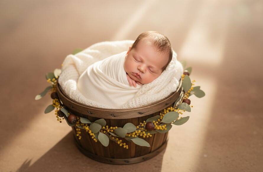 An emotionally poignant, cinematic photograph of a newborn baby swaddled gently in soft, neutral fabrics, held tenderly by parents, with a subtle golden hour glow filtering through a window, captured by Dingley Village Newborn Photography Melbourne Specialists, evoking warmth and new beginnings.