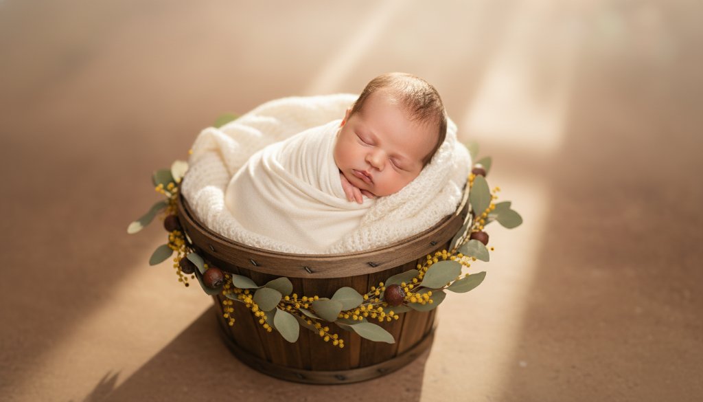 An emotionally poignant, cinematic photograph of a newborn baby swaddled gently in soft, neutral fabrics, held tenderly by parents, with a subtle golden hour glow filtering through a window, captured by Dingley Village Newborn Photography Melbourne Specialists, evoking warmth and new beginnings.