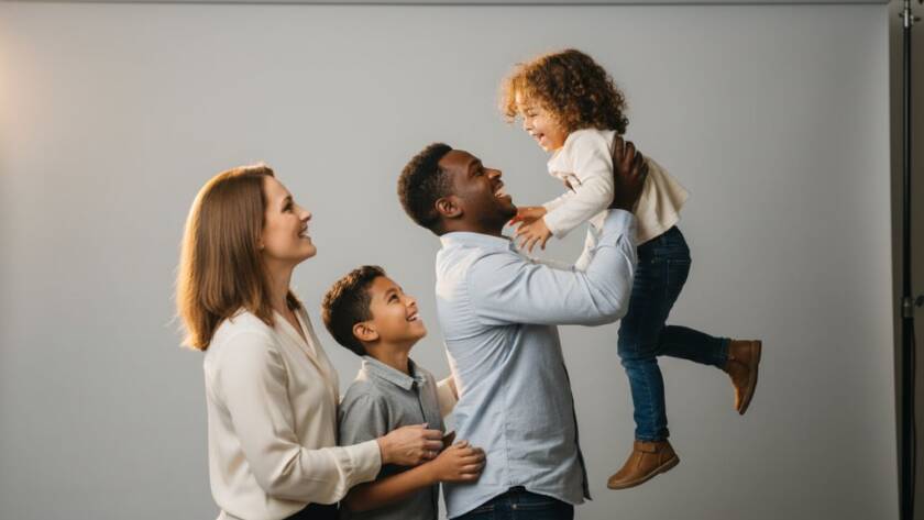 A heartwarming, professionally captured studio photograph of a multiracial family embracing joyfully, with soft, dramatic rim lighting, showcasing their genuine connection, epitomising Dingley Village Studio Photography for Timeless Family Portraits.