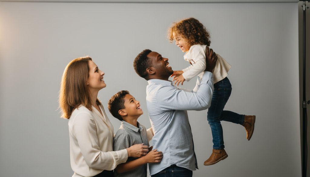 A heartwarming, professionally captured studio photograph of a multiracial family embracing joyfully, with soft, dramatic rim lighting, showcasing their genuine connection, epitomising Dingley Village Studio Photography for Timeless Family Portraits.