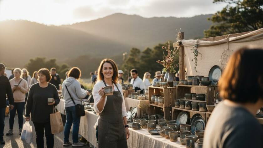A dramatic wide shot showcasing distinctive advertising photography Upper Ferntree Gully businesses can use, featuring a local artisan proudly presenting handcrafted wooden goods bathed in golden hour light at a Dandenong Ranges market stall, with lush, misty mountains in the background, conveying authenticity and quality.