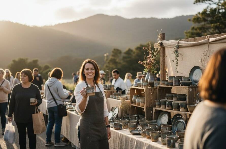 A dramatic wide shot showcasing distinctive advertising photography Upper Ferntree Gully businesses can use, featuring a local artisan proudly presenting handcrafted wooden goods bathed in golden hour light at a Dandenong Ranges market stall, with lush, misty mountains in the background, conveying authenticity and quality.