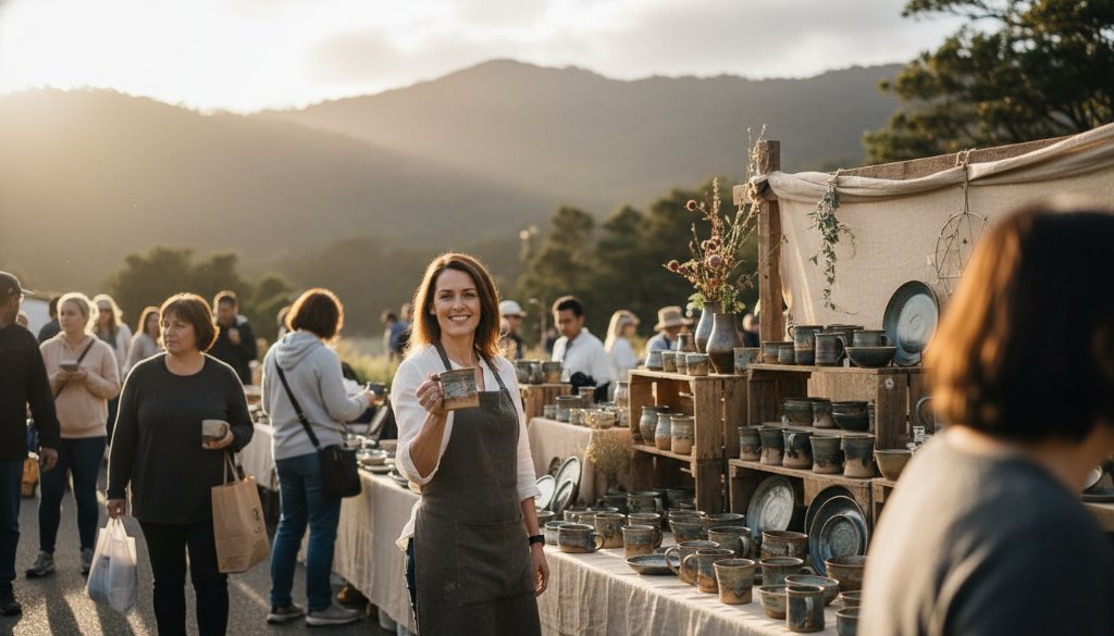 A dramatic wide shot showcasing distinctive advertising photography Upper Ferntree Gully businesses can use, featuring a local artisan proudly presenting handcrafted wooden goods bathed in golden hour light at a Dandenong Ranges market stall, with lush, misty mountains in the background, conveying authenticity and quality.