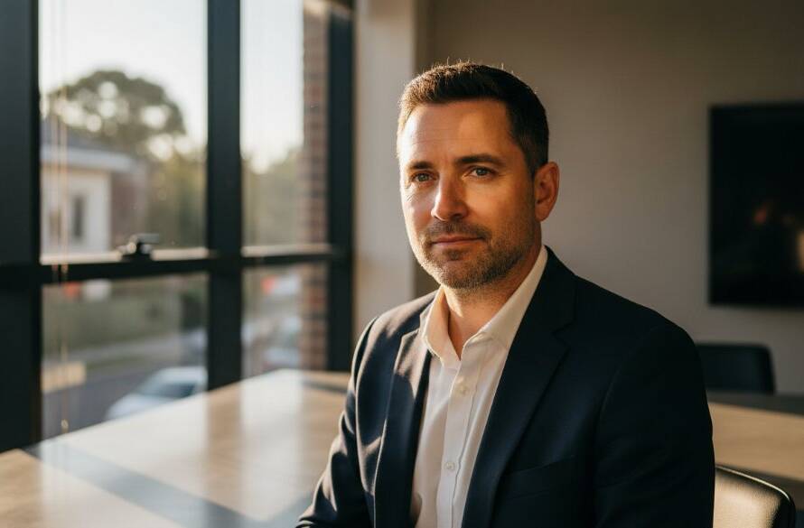 A powerful, cinematic photograph showcasing a senior executive in Gardenvale, bathed in dramatic natural light from a large window, exuding confidence and professionalism, perfectly capturing the essence of distinctive corporate headshots Gardenvale businesses trust.