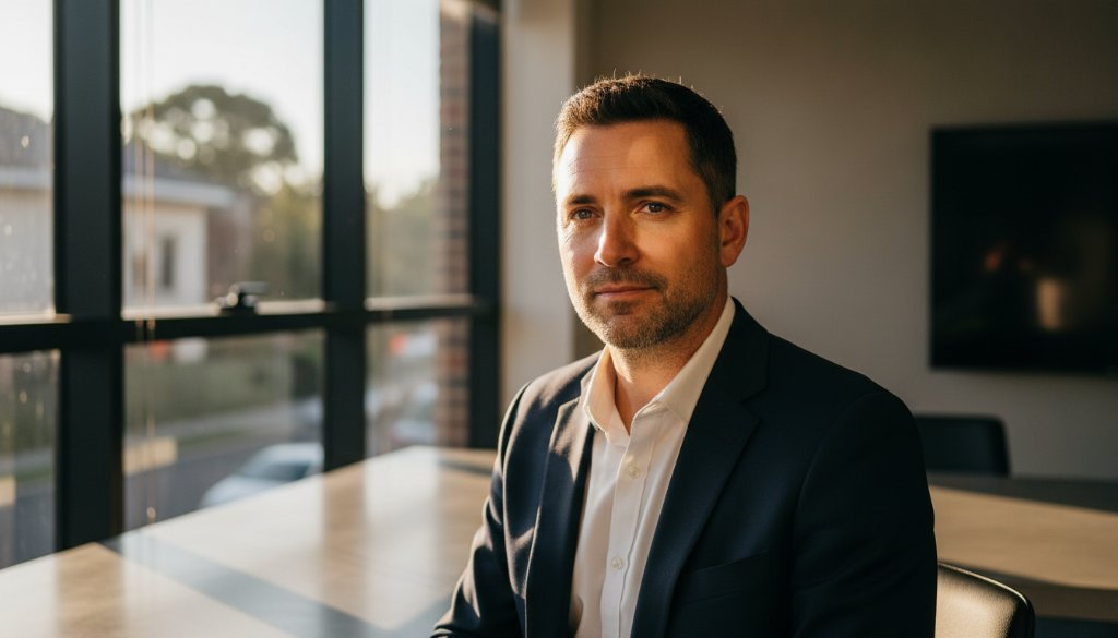A powerful, cinematic photograph showcasing a senior executive in Gardenvale, bathed in dramatic natural light from a large window, exuding confidence and professionalism, perfectly capturing the essence of distinctive corporate headshots Gardenvale businesses trust.