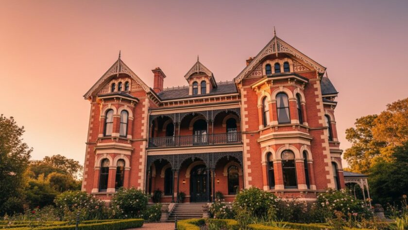 A dramatic, low-angle shot of a grand Victorian-era mansion in Newtown, Victoria, bathed in golden hour sunlight, highlighting intricate facade details and ornate iron lacework, an example of distinctive Newtown Victoria architectural photography.