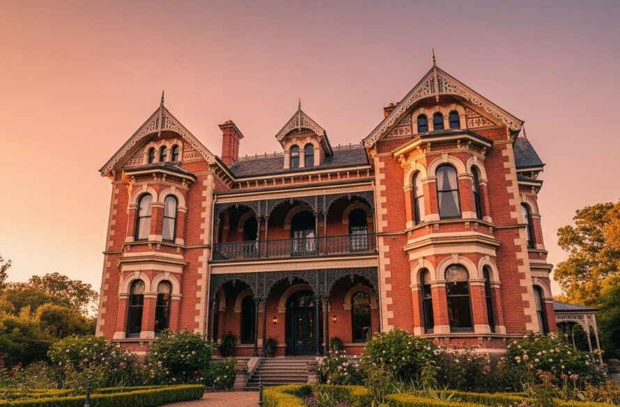 A dramatic, low-angle shot of a grand Victorian-era mansion in Newtown, Victoria, bathed in golden hour sunlight, highlighting intricate facade details and ornate iron lacework, an example of distinctive Newtown Victoria architectural photography.