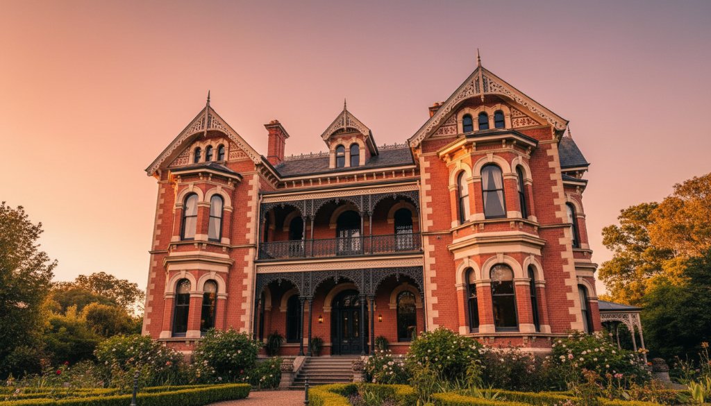 A dramatic, low-angle shot of a grand Victorian-era mansion in Newtown, Victoria, bathed in golden hour sunlight, highlighting intricate facade details and ornate iron lacework, an example of distinctive Newtown Victoria architectural photography.