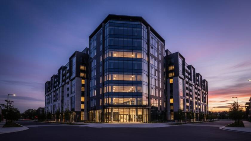 Dramatic wide-angle shot of a sleek, modern architectural building in Doncaster at dusk, showcasing its illuminated facade and glass features, expertly captured for Doncaster architectural photography capturing modern urban designs, with professional color grading.
