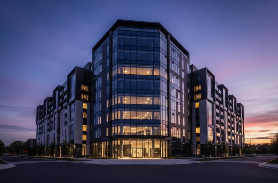 Dramatic wide-angle shot of a sleek, modern architectural building in Doncaster at dusk, showcasing its illuminated facade and glass features, expertly captured for Doncaster architectural photography capturing modern urban designs, with professional color grading.