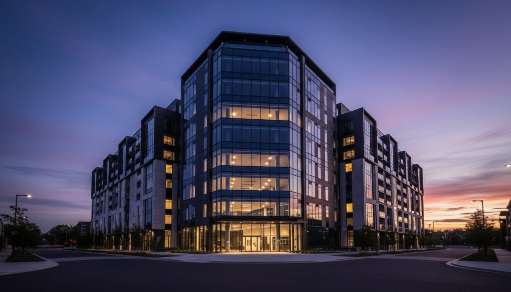 Dramatic wide-angle shot of a sleek, modern architectural building in Doncaster at dusk, showcasing its illuminated facade and glass features, expertly captured for Doncaster architectural photography capturing modern urban designs, with professional color grading.