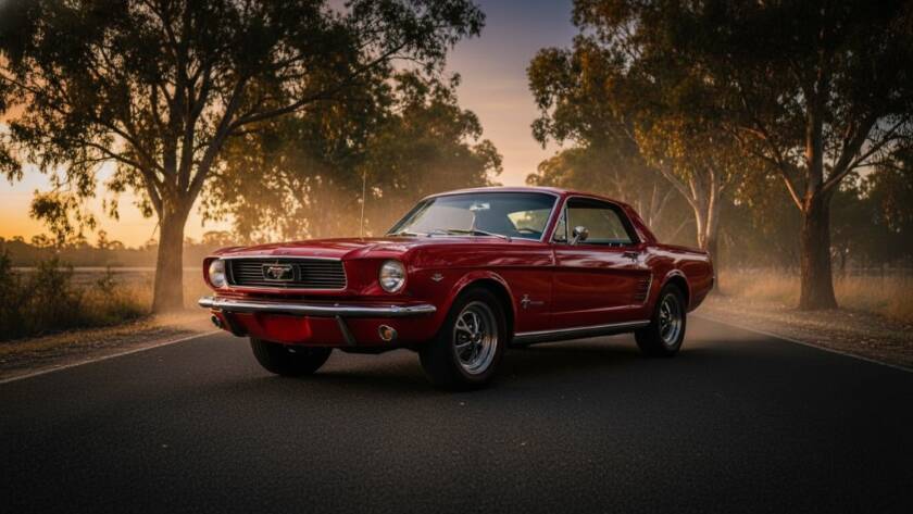 An epic moment captured in Doncaster classic car photography sessions, featuring a gleaming vintage muscle car parked dramatically under the vibrant sunset glow on a tree-lined street in Doncaster, its polished chrome reflecting the warm light, showcasing its powerful lines and intricate details with professional cinematic colour grading.
