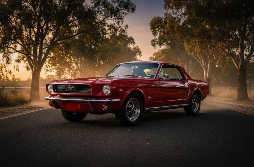 An epic moment captured in Doncaster classic car photography sessions, featuring a gleaming vintage muscle car parked dramatically under the vibrant sunset glow on a tree-lined street in Doncaster, its polished chrome reflecting the warm light, showcasing its powerful lines and intricate details with professional cinematic colour grading.