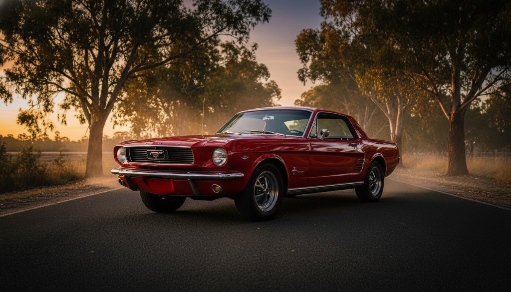 An epic moment captured in Doncaster classic car photography sessions, featuring a gleaming vintage muscle car parked dramatically under the vibrant sunset glow on a tree-lined street in Doncaster, its polished chrome reflecting the warm light, showcasing its powerful lines and intricate details with professional cinematic colour grading.
