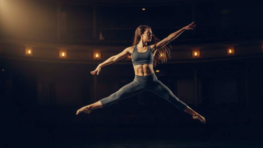 Dynamic image capturing a competitive dancer mid-leap, bathed in dramatic stage lighting, showcasing the athleticism and artistry unique to Doncaster dance photography for competitive performers.