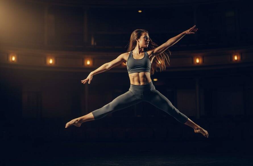 Dynamic image capturing a competitive dancer mid-leap, bathed in dramatic stage lighting, showcasing the athleticism and artistry unique to Doncaster dance photography for competitive performers.