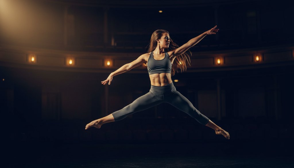 Dynamic image capturing a competitive dancer mid-leap, bathed in dramatic stage lighting, showcasing the athleticism and artistry unique to Doncaster dance photography for competitive performers.