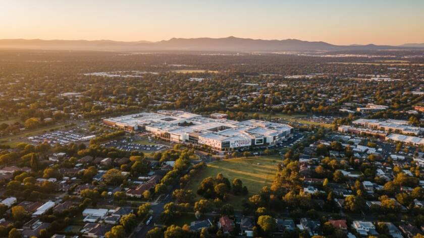 An epic, cinematic drone shot capturing the sprawling urban landscape of Doncaster, Victoria at sunset, showcasing breathtaking panoramic views with the city skyline in the distance and vibrant colours, emphasising expert Doncaster drone photography.