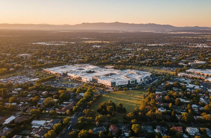 An epic, cinematic drone shot capturing the sprawling urban landscape of Doncaster, Victoria at sunset, showcasing breathtaking panoramic views with the city skyline in the distance and vibrant colours, emphasising expert Doncaster drone photography.