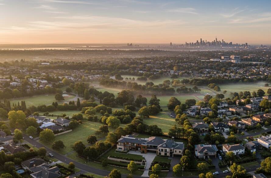 An breathtaking aerial drone photograph capturing the expansive urban landscape of Doncaster, Victoria, with modern homes nestled amidst green spaces, under a dramatic sunrise, showcasing the potential of Doncaster drone photography for stunning property views Victoria.