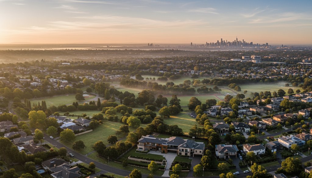 An breathtaking aerial drone photograph capturing the expansive urban landscape of Doncaster, Victoria, with modern homes nestled amidst green spaces, under a dramatic sunrise, showcasing the potential of Doncaster drone photography for stunning property views Victoria.